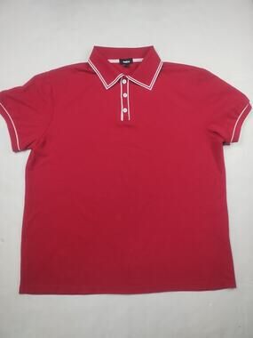 Ouku Men's Size L Short Sleeve Polo Shirt Red White Trim Golf Casual 3 Button